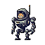 A pixelated robot with a retro sci-fi vibe stands ready in the void, its simple design and muted colors evoking a sense of classic, utilitarian functionality. The neutral expression and forward stance hint at a friendly, yet alert, mechanical presence.