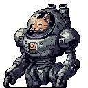A ginger tabby cat pilots a formidable, anthropomorphic robotic suit in this humorous pixel art piece. The curious feline's face is the focal point, contrasting its warm tones with the cool, industrial greys of the mech it controls.