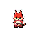 A cute, red-orange and pink fox-like creature stands centered, holding a dark, metallic weapon across its chest. Its large, black eyes and neutral expression create a curious mix of adorable and unsettling.