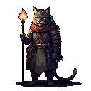 A determined, anthropomorphic cat stands ready for adventure, clutching a flaming staff in this detailed pixel art image. Clad in muted armor and a vibrant scarf, the feline hero exudes a mysterious, quest-ready vibe.