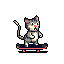 A pixelated, striped cat shreds on a blue and pink skateboard, striking a playful pose against a stark black background. The high-contrast image captures a whimsical moment of feline action.