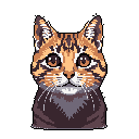 This pixel art portrait captures a charming cat headshot with a calm expression and detailed tabby markings. The warm color palette and retro style enhance the cat's cuteness.