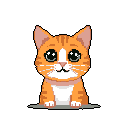 This pixel art depicts an adorable, orange tabby kitten with large, pleading eyes, sitting upright and radiating cuteness. The simple design and warm color palette create a cheerful and innocent vibe.