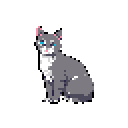 This pixel art depicts a seated, alert gray cat with striking blue eyes against a dark backdrop. The simple design and muted colors create a calm, slightly melancholic vibe.