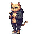 A casually dressed, pixelated cat stands against a dark void, engrossed in its phone with a slightly unimpressed expression. This anthropomorphic feline sports a t-shirt, hooded jacket, and patterned pants, radiating a cool and detached vibe.