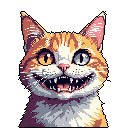 This pixel art features a close-up of a grinning cat with mismatched eyes, creating an unsettling yet humorous effect. The orange and white tabby's maniacal expression is both expressive and reminiscent of retro games.