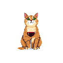 A ginger pixel art cat sits poised, delicately holding a wine glass filled with red wine. Its slightly melancholic expression adds a touch of humor and whimsy to this unusual, warm-toned scene.