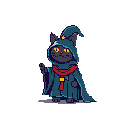 A whimsical pixel art image features a black cat wizard, complete with a teal robe, red scarf, and star-topped hat, casting a spell or offering a friendly wave. The bright yellow eyes add a touch of charm to this magically inclined feline.