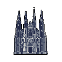 This pixel art showcases a grand, Gothic cathedral with intricate details and towering spires against a stark black background. The monochromatic blue-gray palette evokes a sense of solemnity and timeless architectural might.