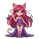 A cute, sparkly cat-girl in a magical dress strikes a pose, her pink hair and tail shimmering against a dark background. This pixel art character exudes fantasy charm with her wide-eyed expression and whimsical design.