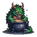 A menacing, green reptilian monster intensely tends to a bubbling, orange concoction in a dark cauldron. With glowing eyes and dripping maw, this pixelated creature evokes a sense of dark fantasy and dangerous magic.
