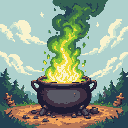 A dark cauldron bursts with vibrant green and yellow flames, creating a powerful magical eruption in this mystical pixel art scene.