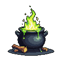 A stout, pixelated cauldron bubbles with a vibrant, toxic green substance, an intense flame erupting from within. This image evokes mysterious alchemy and potential danger with its unnatural colors and ominous vibe.