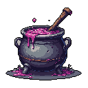 A dark, pixelated cauldron overflows with a vibrant pink, bubbling liquid, hinting at a magical potion or alchemic process. A simple wooden stirring stick is plunged into the glowing substance, adding to the mystique. The image evokes a sense of witchcraft and arcane power.