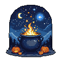 A pixel art scene captures a magical autumn night with a fiery cauldron as its centerpiece, flanked by glowing jack-o'-lanterns under a shimmering, starry sky. The image evokes a nostalgic and enchanting Halloween vibe.
