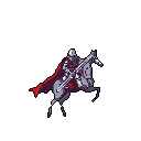 A heavily armored knight on a spectral, barded horse is captured in pixel art, their dark figures contrasting against the void. The knight, with a flowing red cape and two-handed sword, conveys power and solemnity in this striking, retro-inspired image.