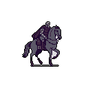 A spectral rider cloaked in purple rears on horseback against a void, its skeletal form hinting at a harbinger of doom. The muted palette and dynamic pose create an ominous and dramatic scene of supernatural power.