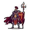 A formidable, pixelated knight stands guard in full armor, gripping a halberd and shield, its religious symbols hinting at a crusader's solemn duty. The rich color palette and intricate details elevate the retro aesthetic, creating a regal yet somber presence.