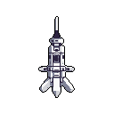 This pixel art depicts a sleek, minimalist spacecraft rendered in cool grays and whites, poised for launch against a stark black background. The stylized rocket, with its distinct sections and thruster nozzles, evokes a sense of modern engineering and potential.