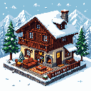 This pixel art showcases a cozy, snow-covered chalet nestled in a winter landscape, complete with warm interior lights, a stone chimney, and a inviting outdoor seating area with a fire pit. The building's design is detailed, from the dark wooden panels to the snow-laden roof, evoking a sense of warmth and holiday cheer.