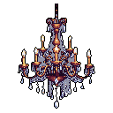 A meticulously crafted pixel art chandelier, rendered in warm tones and cool highlights, floats against a stark black background. The elegant design and glowing candles evoke a sense of antique grandeur and quiet beauty.