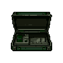 This pixel art depicts a rugged, open field kit filled with compartments, screens, and controls, suggesting a piece of specialized military or scientific equipment. Its monochromatic, olive-green color scheme and detailed interior evoke a sense of retro-futuristic technology.