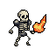 A pixel art skeleton stands against a black void, conjuring a vibrant flame in its outstretched hand. The stylized figure, rendered in cool grays, embodies a mystical or magical presence with its fiery power.