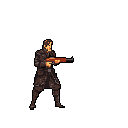 A pixelated soldier stands poised with his rifle, his focused stance suggesting imminent action in this minimalist, earthy-toned artwork.