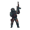 A pixelated, heavily armed soldier in tactical camouflage is depicted in a tense, combat-ready pose, rifle raised and head turned back as if surveying the area. The muted, earthy color palette and detailed pixel work contribute to the image's gritty and serious tone.