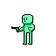 A mint-green pixel art figure stands against a black backdrop, holding two sticks and sporting a retro, minimalist design with simple black square eyes.