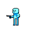 A light blue, retro-styled humanoid figure stands against a black backdrop, armed with a dark handgun in one hand and a light blue object in the other. This minimalist pixel art character exudes a cool, stylized vibe.