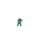 A pixel art character stands ready, aiming a rifle with a cool teal and beige color palette. The figure's pose and weapon suggest a tense, action-oriented scene.