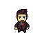 This pixel art image showcases a formally dressed man in a suit and tie, rendered in a muted color palette with a striking red tie. His stiff posture and determined expression suggest a serious or professional demeanor.