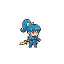 A determined, light blue-armored female knight with a golden spear stands ready, her light blue hair tied back with a yellow ribbon. Her slightly turned head suggests curiosity as she faces an unseen challenge.