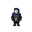 This pixel art features a skeletal adventurer in a dark blue tunic, ready for action. The simple color palette and centered figure create a mysterious and slightly ominous vibe.
