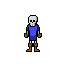 This pixel art features a simple, cartoonish skeleton in a blue tunic and brown boots. The figure, reminiscent of early video game sprites, stands against a stark black backdrop.