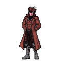 This pixel art image showcases Gambit from X-Men in a classic, 90s arcade style. Rendered with earthy tones and intricate details, the full-body portrait captures his signature trench coat and subtle smirk.