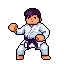 A pixel art martial artist stands ready in his white gi and black belt, his focused stance radiating disciplined strength against a black backdrop.