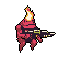 A pixel art character in dark purple and red armor aims a rifle, their fiery headpiece adding a fantastical edge to this action-packed, low-resolution warrior. The figure's pose suggests focus and readiness for conflict.