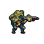 A pixel art soldier, rendered in earthy camouflage tones, crouches ready for action, their gaze fixed to the right as they grip a large firearm. The retro style and focused posture create a sense of military preparedness.