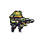 A pixelated, futuristic soldier with a rifle stands ready in a dark void, exuding a serious, combat-ready vibe with muted, utilitarian colors.