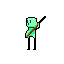 A teal and green pixel art figure stands in quiet contemplation, staff across its back, against a dark background.