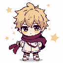 This pixel art depicts a cute, chibi boy with spiky hair and a thoughtful expression, clutching his maroon scarf. Surrounded by pale yellow stars, the soft color palette creates a gentle and innocent vibe.