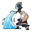 A powerful, bald warrior with a long white beard unleashes a torrent of ice magic from his hand while wielding a massive battle axe. This pixel art character exudes strength and determination in a high-contrast, energetic scene.