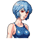 This pixel art bust depicts a melancholic Rei Ayanami-esque character with striking red eyes, her cool-toned design evoking a sense of quiet intensity and retro anime nostalgia.