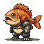 This pixel art creature is a unique hybrid, featuring the head of a goldfish atop a muscular, armored body. The stoic, side-profile pose and muted color palette give this fantastical character a quirky and slightly intimidating presence.