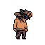 This pixel art depicts a solitary figure with a head resembling a chaotic mass of roots or a damaged brain. Its slumped posture and the dark, abstract head create a melancholic and unsettling portrait of isolation.