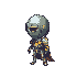 A heavily armored, helmeted knight stands ready in this stoic pixel art image. The detailed armor, accented with gold, and flowing cape hint at a robust and capable warrior.