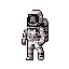 This pixel art image presents a solitary astronaut in a spacesuit, standing in quiet contemplation. The limited color palette and retro style evoke a sense of nostalgia and enigmatic solitude.