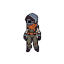 A pixel art explorer, face hidden behind a dark visor and wrapped in a striking orange scarf, stands ready in practical olive-green attire. The muted color palette and obscured features create an intriguing, stoic mood.